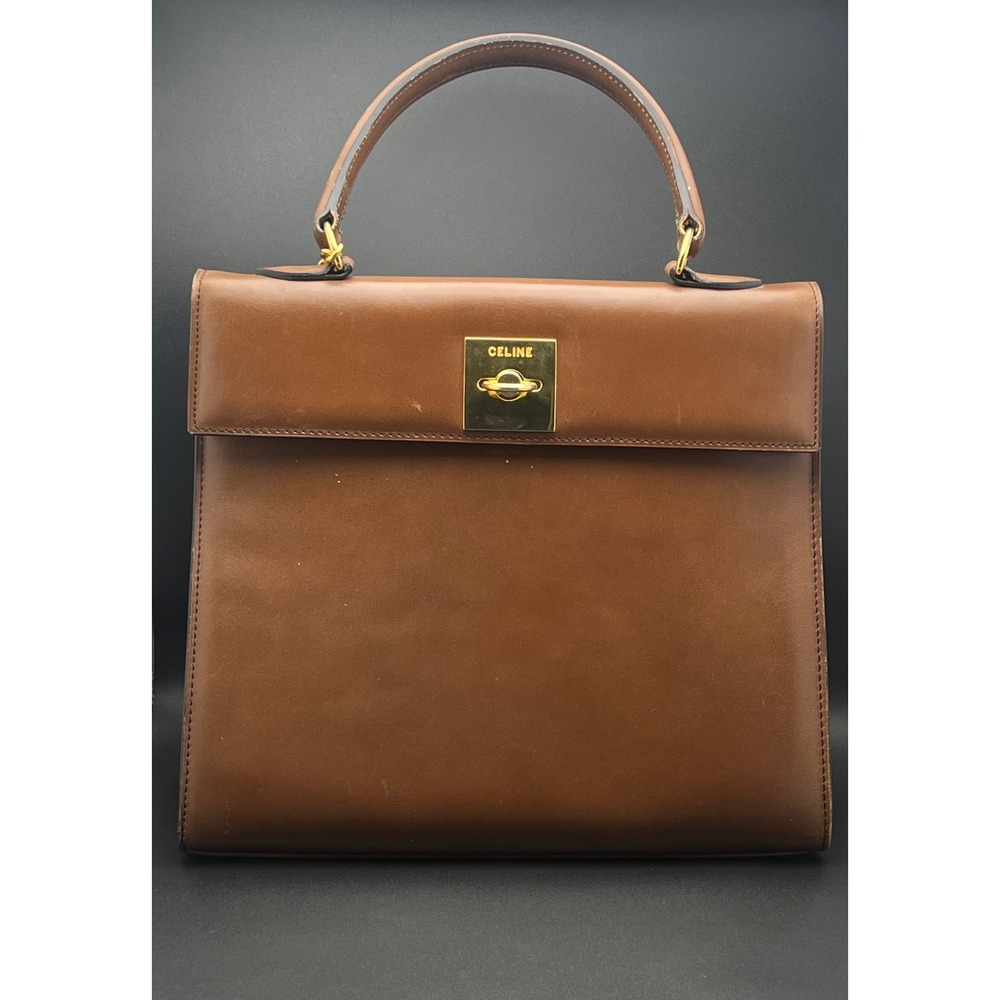 Celine Vintage Top Handle Bag Brown Leather Gold Hardware Made in France